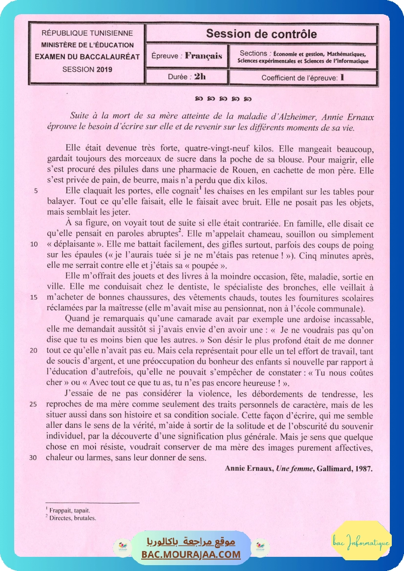 Sujet controle francais Bac 2019 – Section info